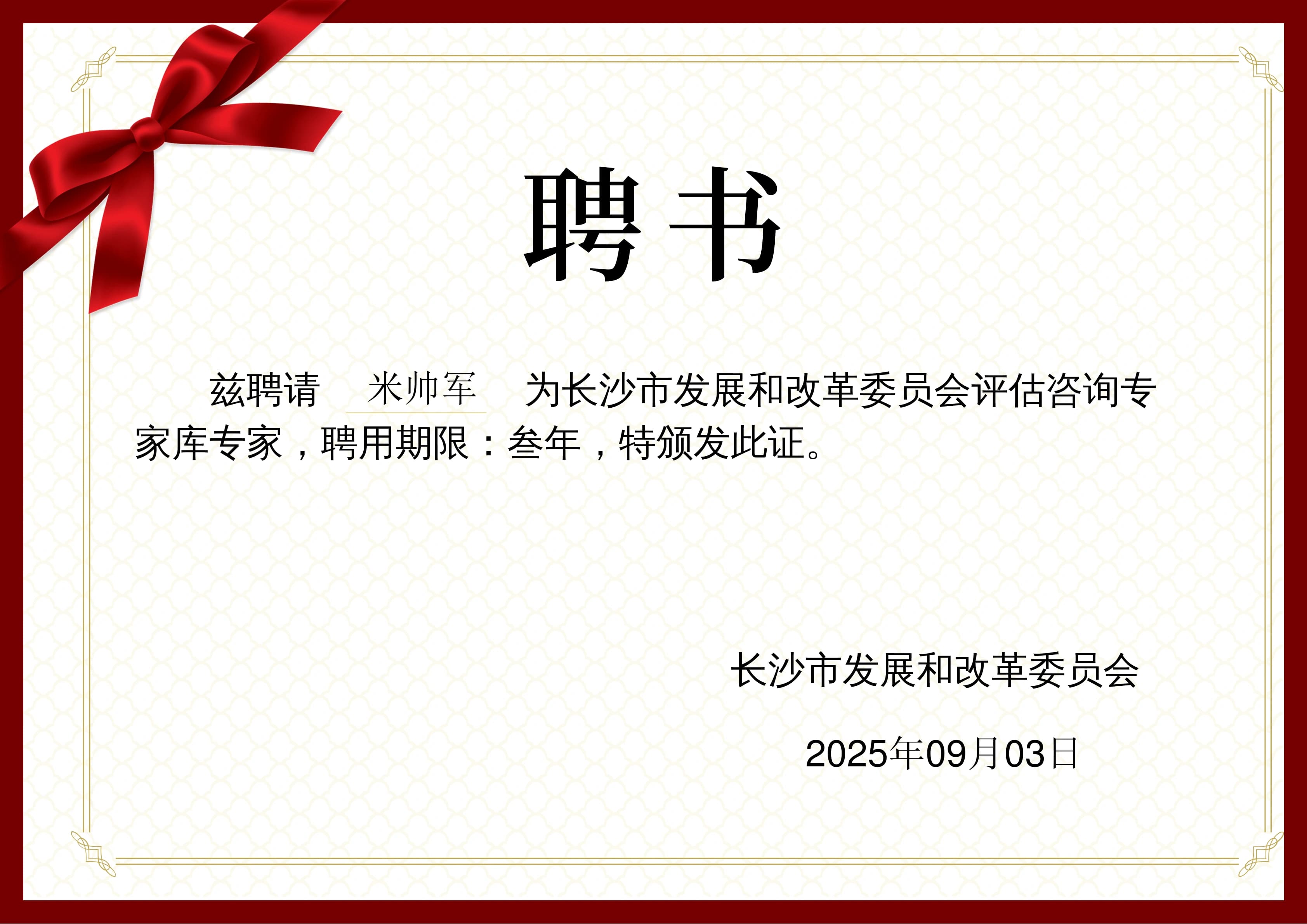 长沙市发展和改革委员会评估咨询专家聘书（已脱敏）