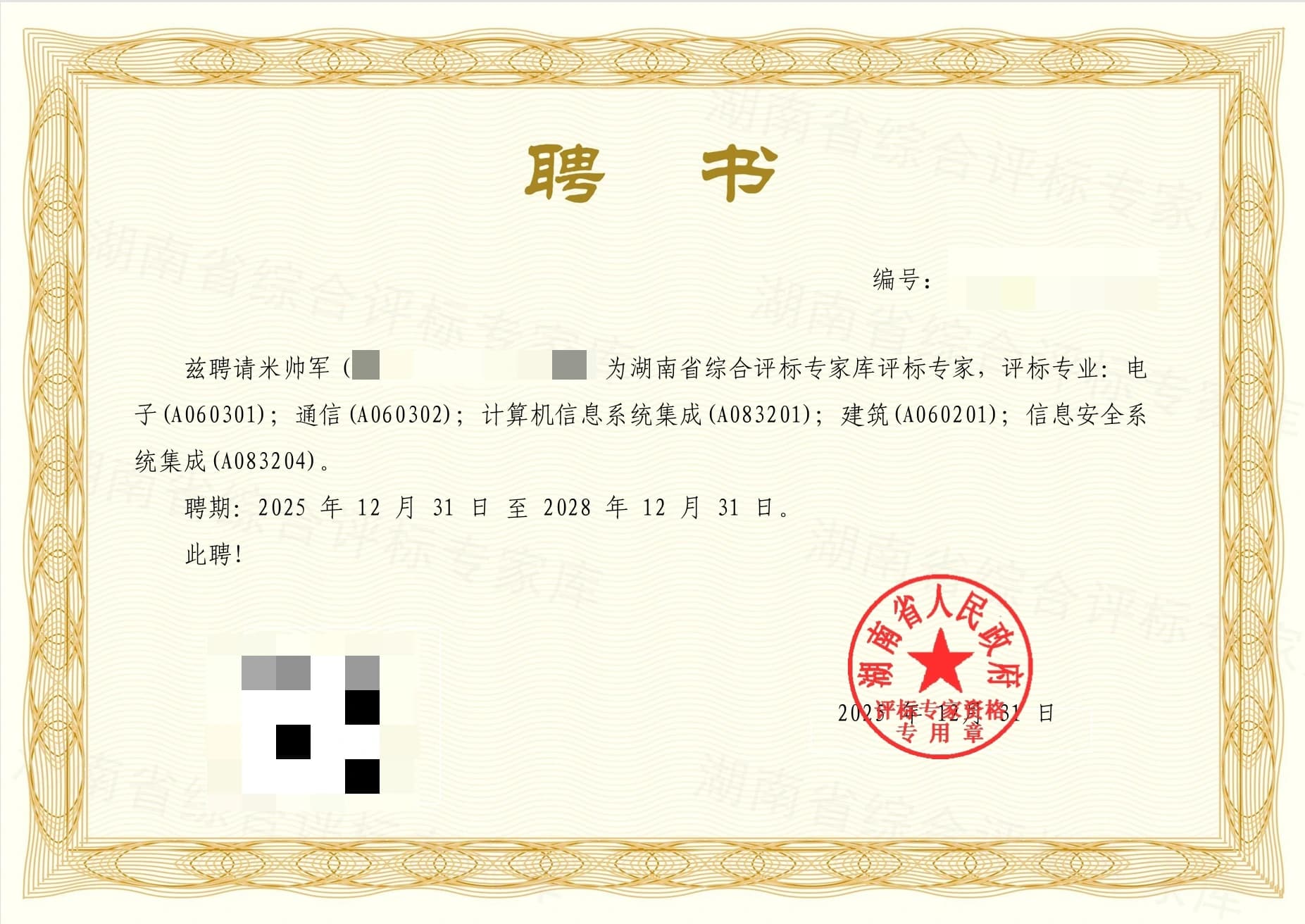 湖南省综合评标专家聘书（已脱敏）